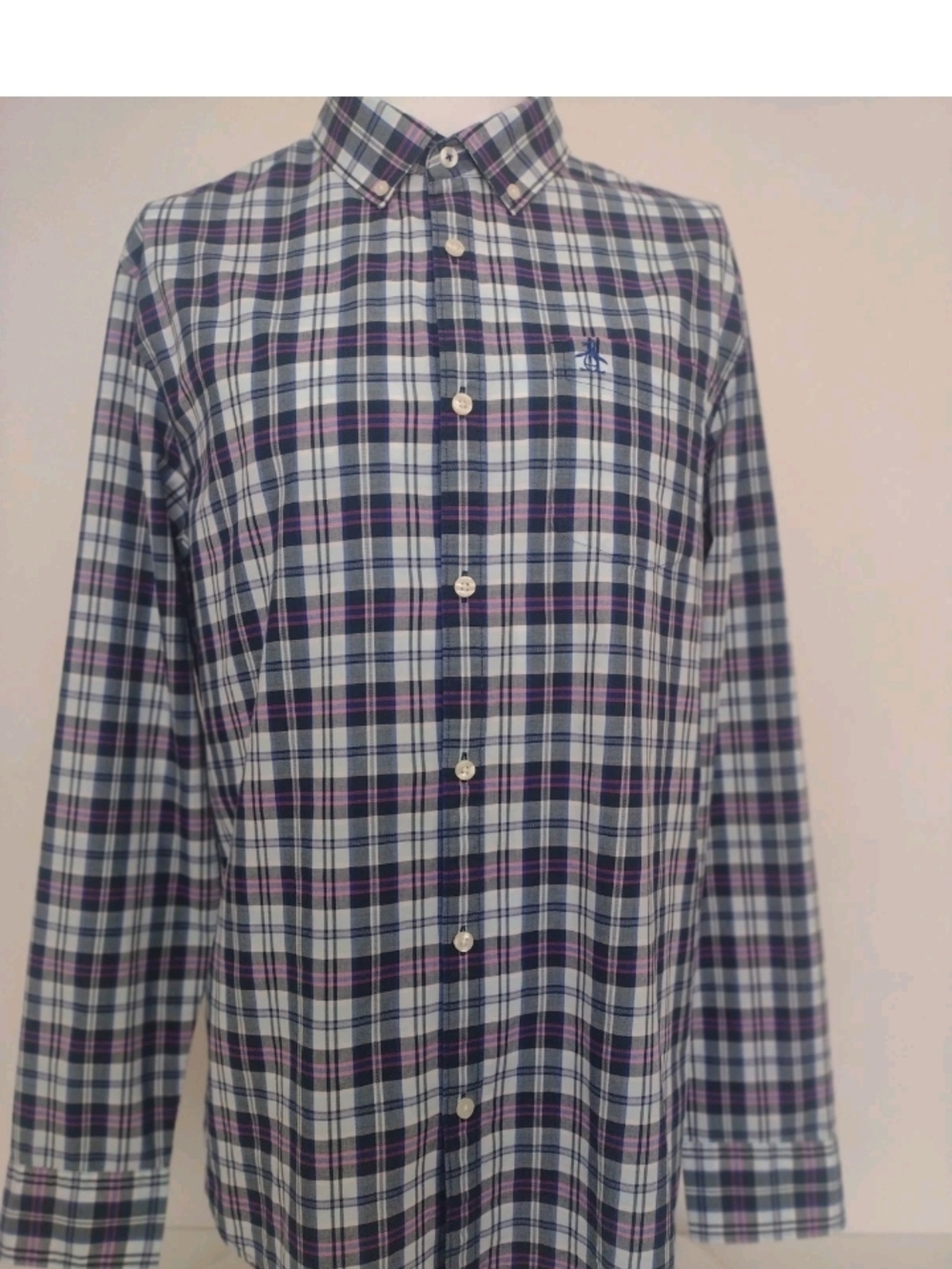 Penguin Men's Large Button-down Purple Blue Plaid Long Sleeve Shirt